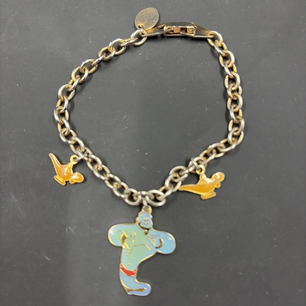 Walt Disney Productions‎ Aladdin Charm Bracelet With Genie And 2 Lamps Gold Tone